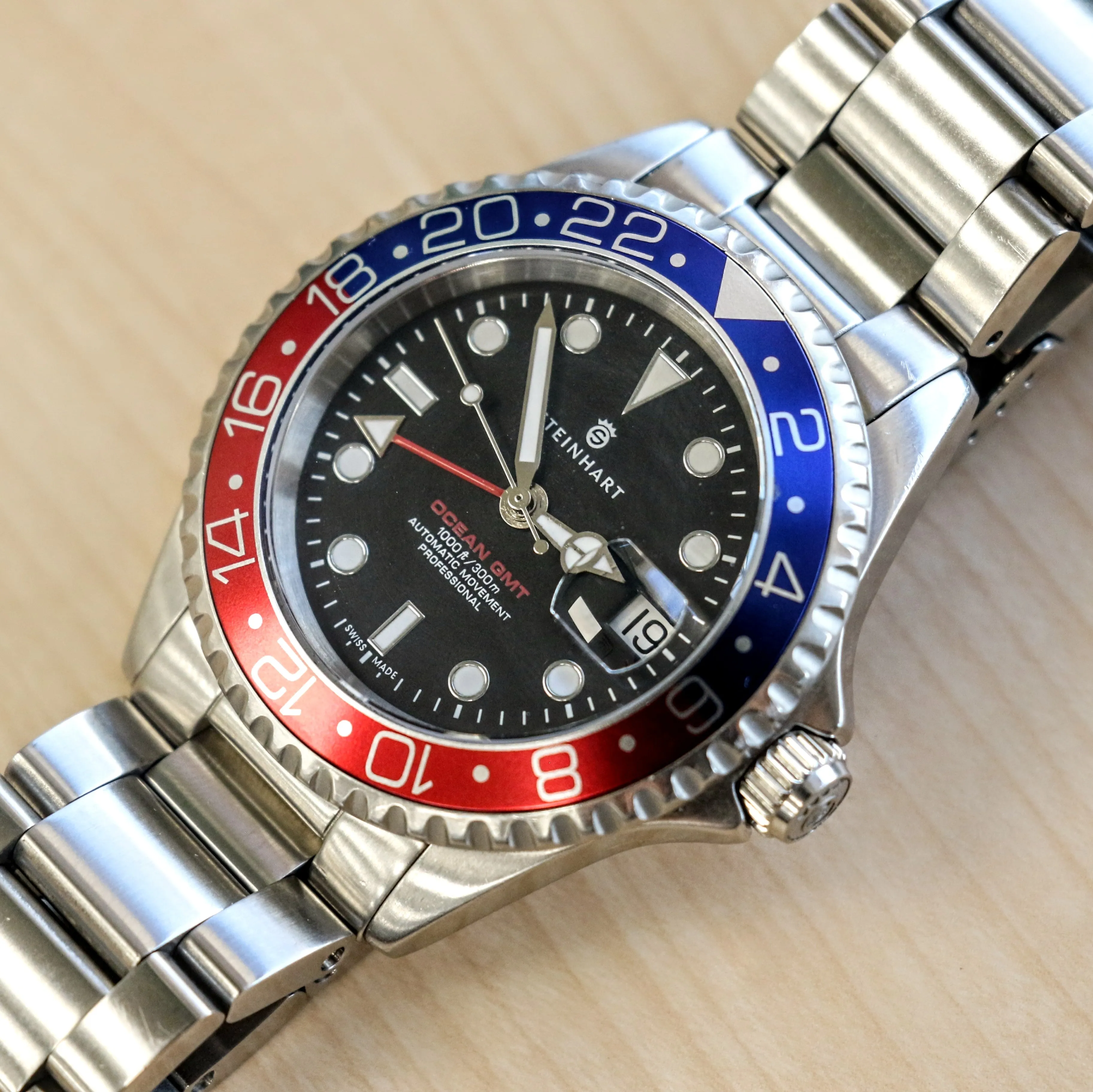 STEINHART Ocean One GMT Automatic Watch 21 Jewels ETA 2893-2 BLUE-RED Pepsi Bezel Diver Wristwatch Swiss