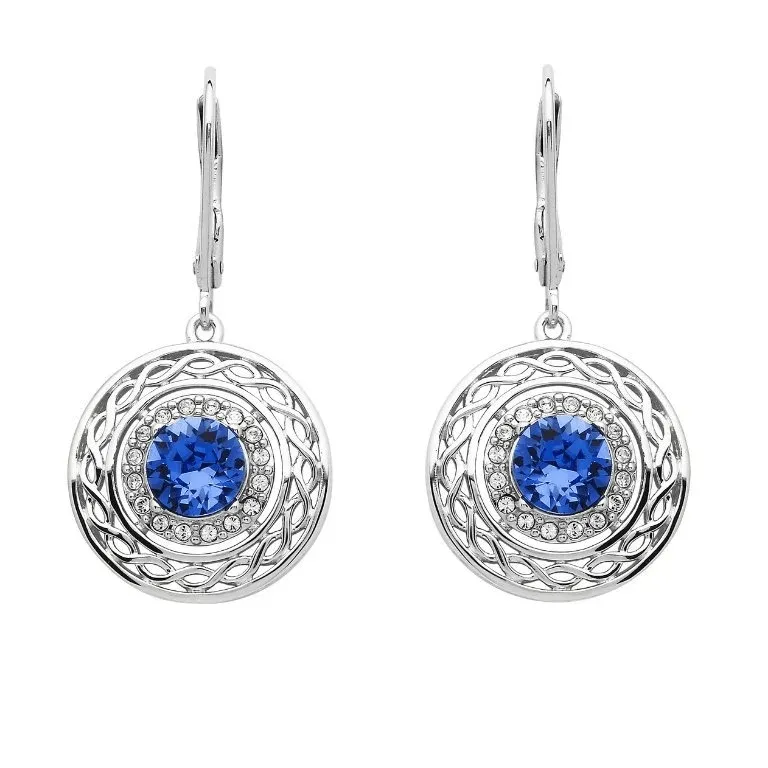 Sterling Silver Celtic Halo Earrings with Sapphire Blue Crystal - SW191