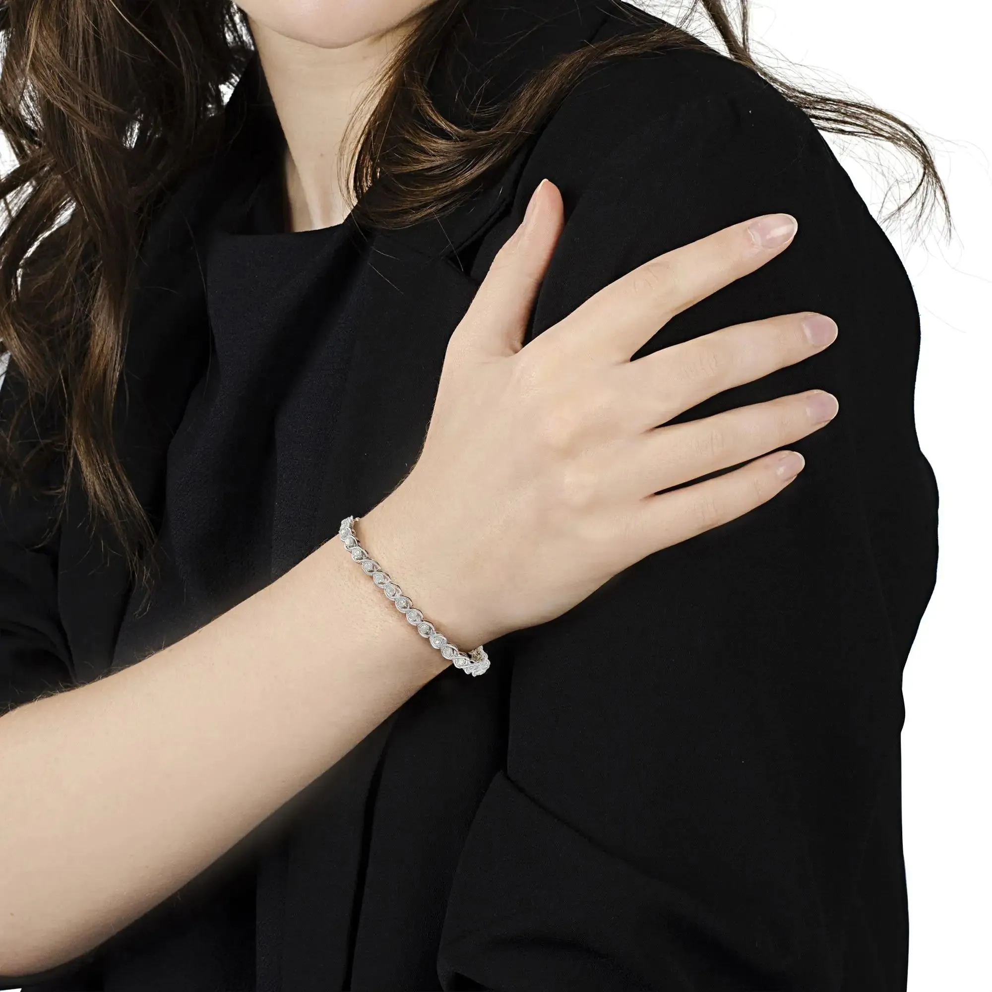 Sterling Silver Diamond Bracelet - 2 Cttw with 33 Rose Cut Diamonds in Elegant Spiral Link Design