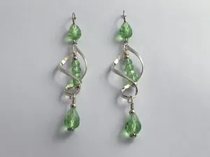 Sterling Silver long open twist drop Earrings- Celtic Knot, light green crystal