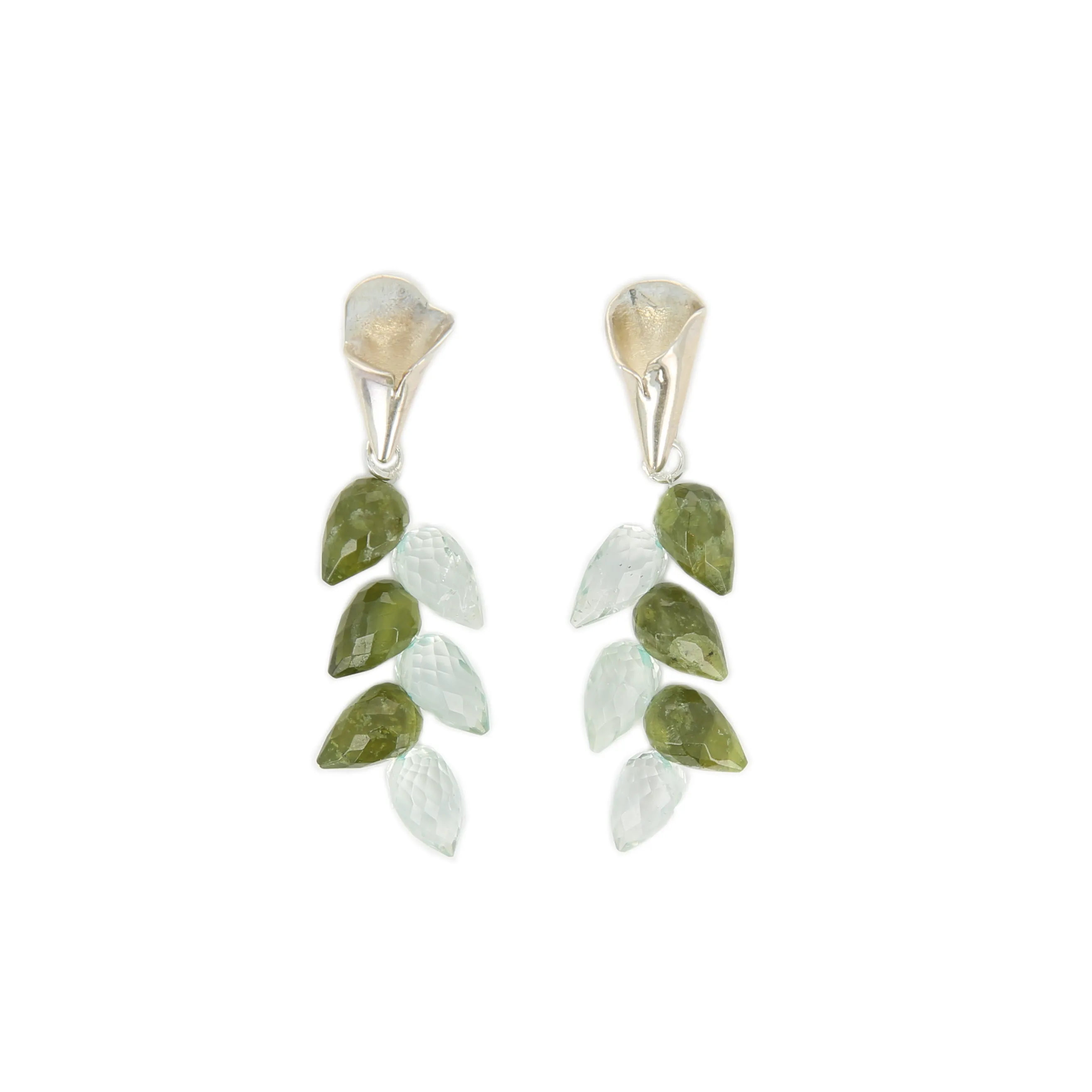 Sterling Silver, Moss Agate, Jasmine, and Rock Crystal Earrings