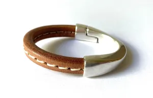 Stitched Tan/Beige Thick Leather Bracelet w/ Silver Half Cuff Magnetic Clasp