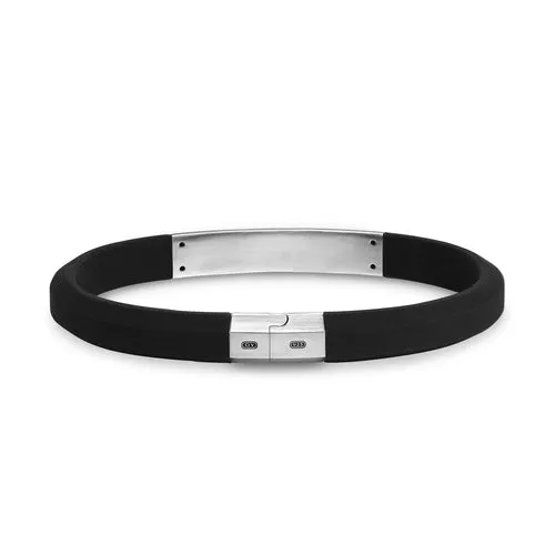 Streamline Black Rubber Bracelet with Sterling Silver and Diamonds, 8mm, Size Medium