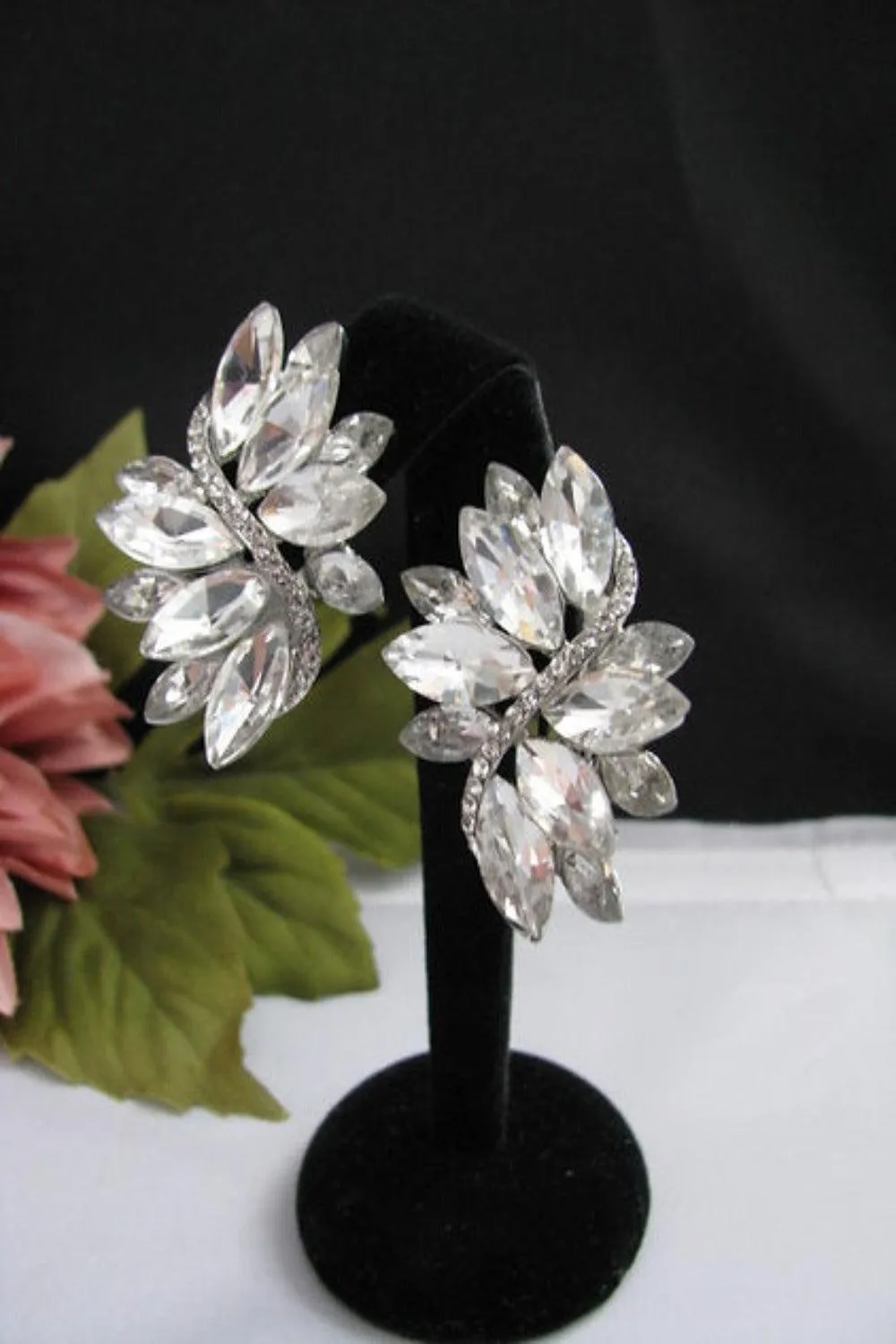 Swirl Clear Marquise Crystal Silver Clip On Earrings
