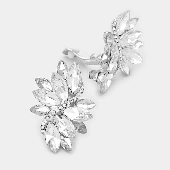 Swirl Clear Marquise Crystal Silver Clip On Earrings