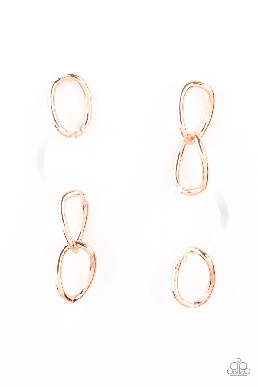 Talk in Circles - Copper - and Clear Acrylic Link Asymmetrical Paparazzi Post Earrings