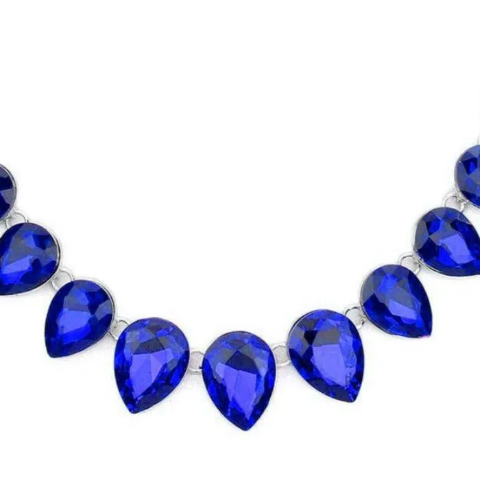 Teardrop Blue Crystal Silver Evening Necklace Set