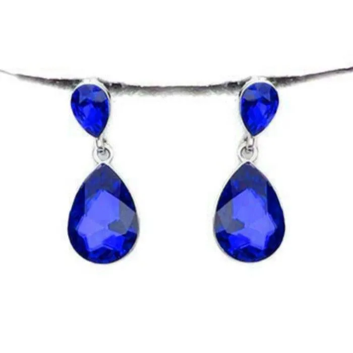 Teardrop Blue Crystal Silver Evening Necklace Set