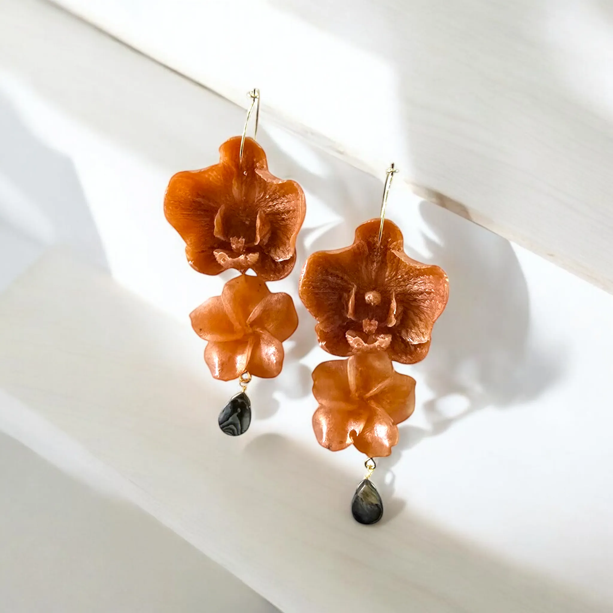 The Resin Orchid Triple Abalone Dangle Earrings