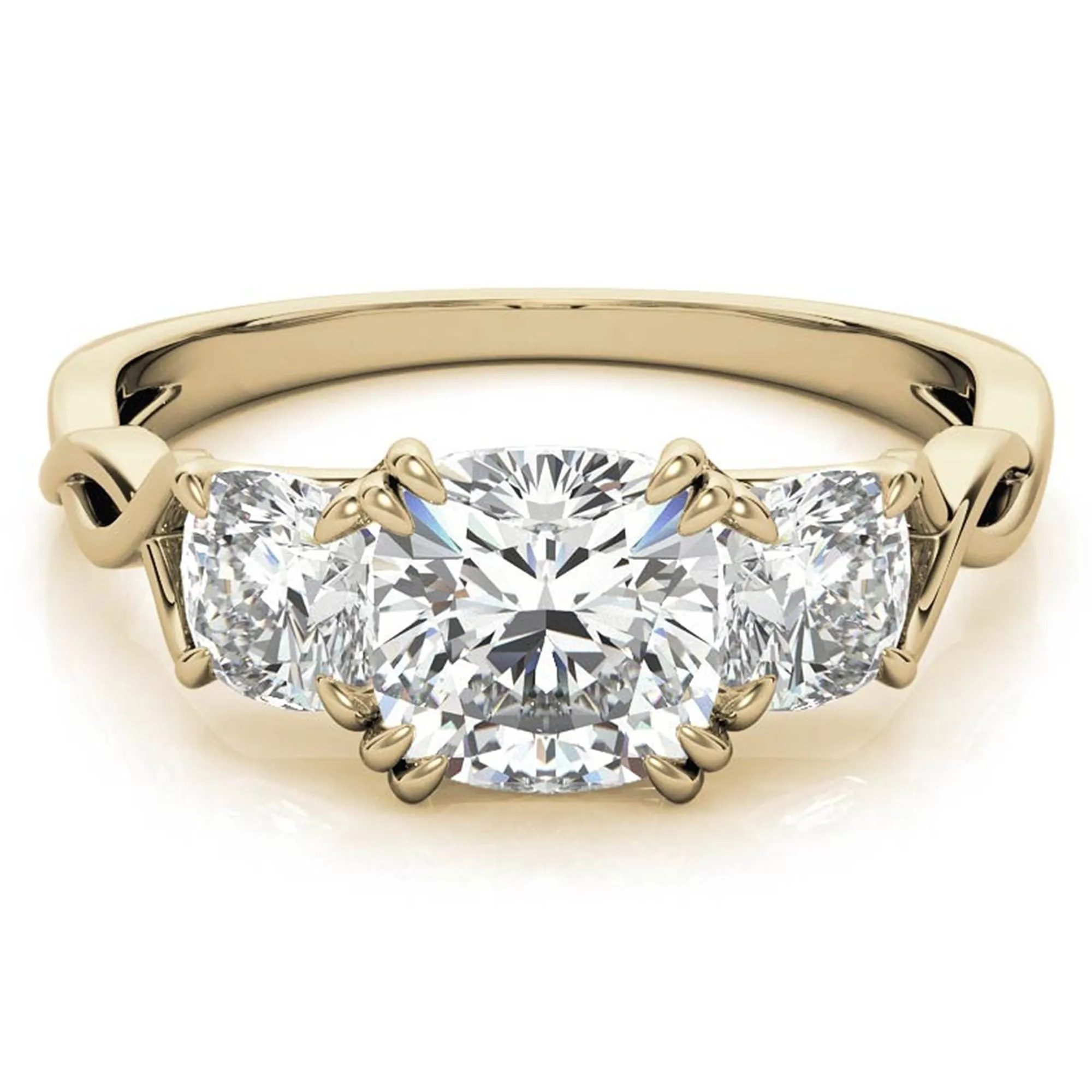 Three-Stone Cushion-Cut Yellow Gold Adjustable Sterling Silver  Engagement Ring For Women