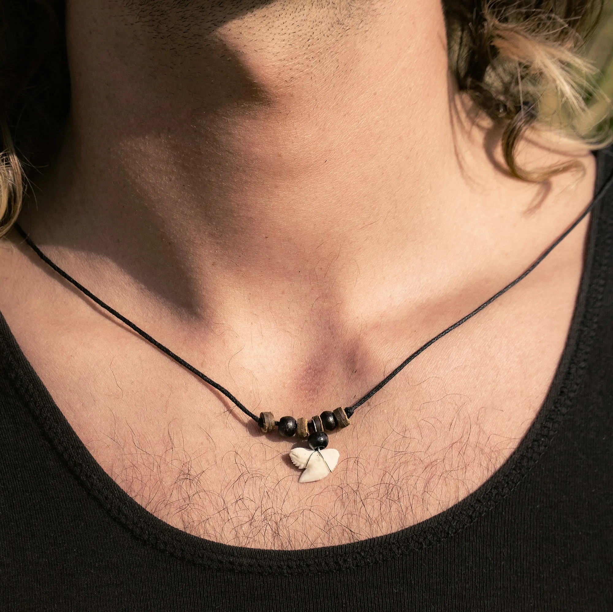 Tiger shark tooth wooden bead necklace c109