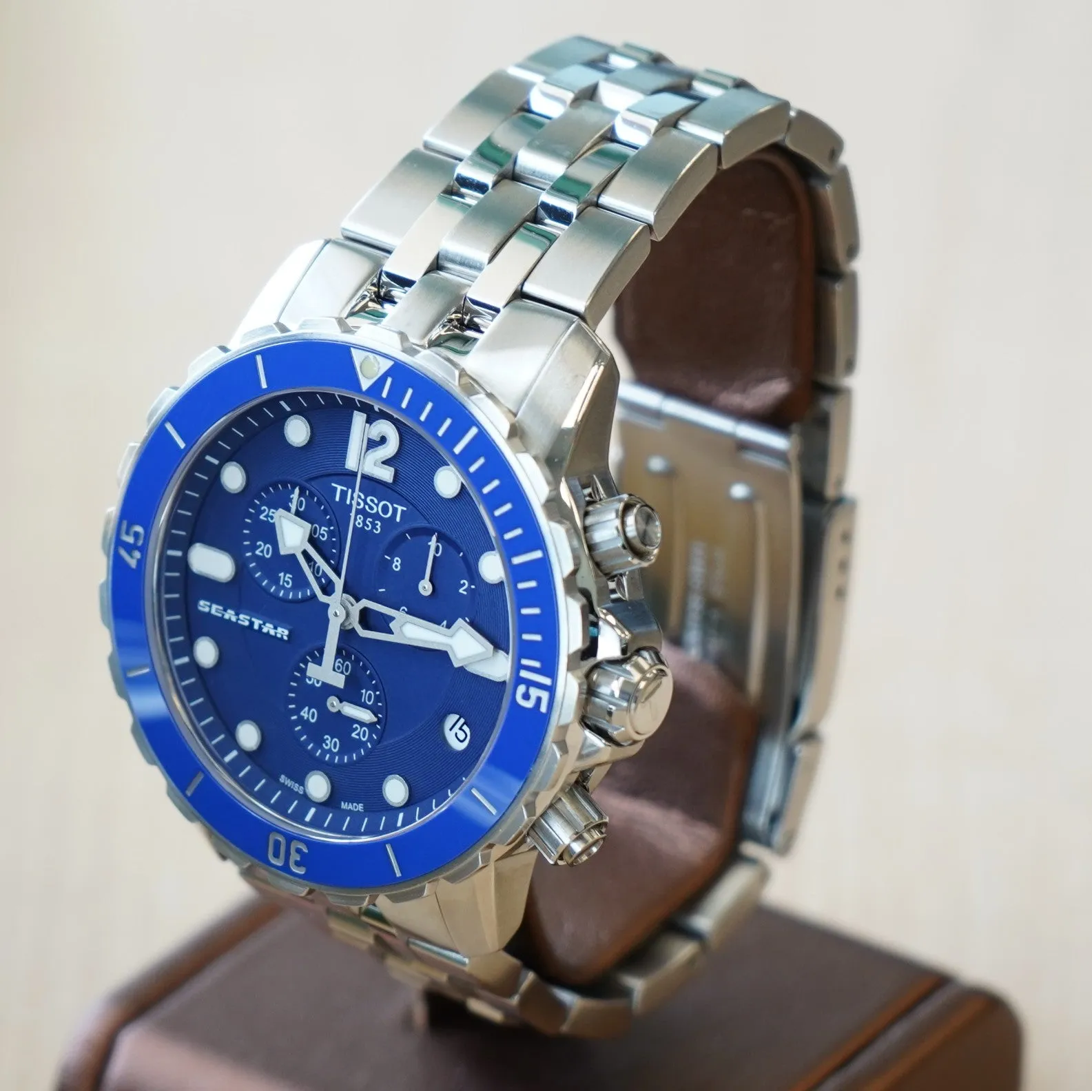 TISSOT Seastar Chronograph Watch Blue Dial & Bezel ALL S.S. T066417A Quartz Wristwatch