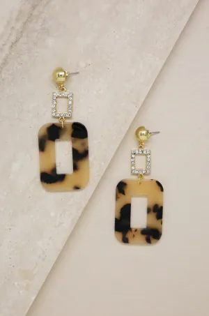 Tortoise Resin & Crystal Rectangle 18k Gold Plated Earrings