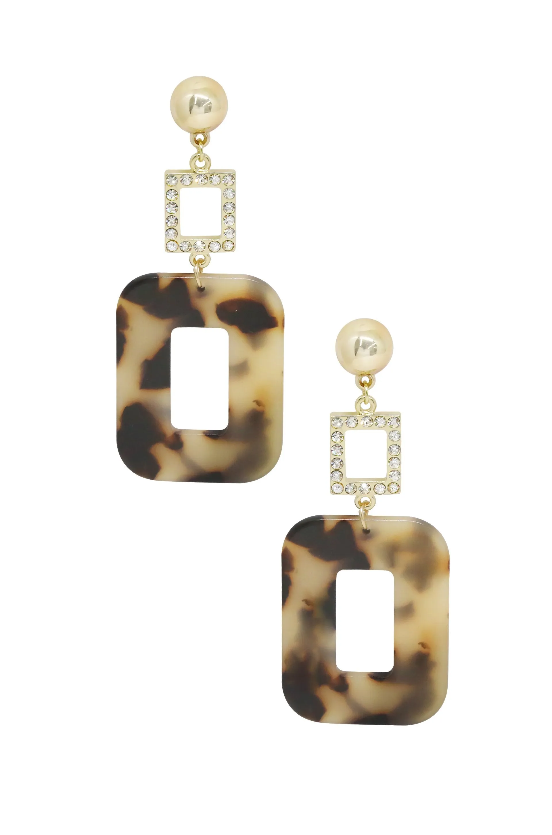 Tortoise Resin & Crystal Rectangle 18k Gold Plated Earrings