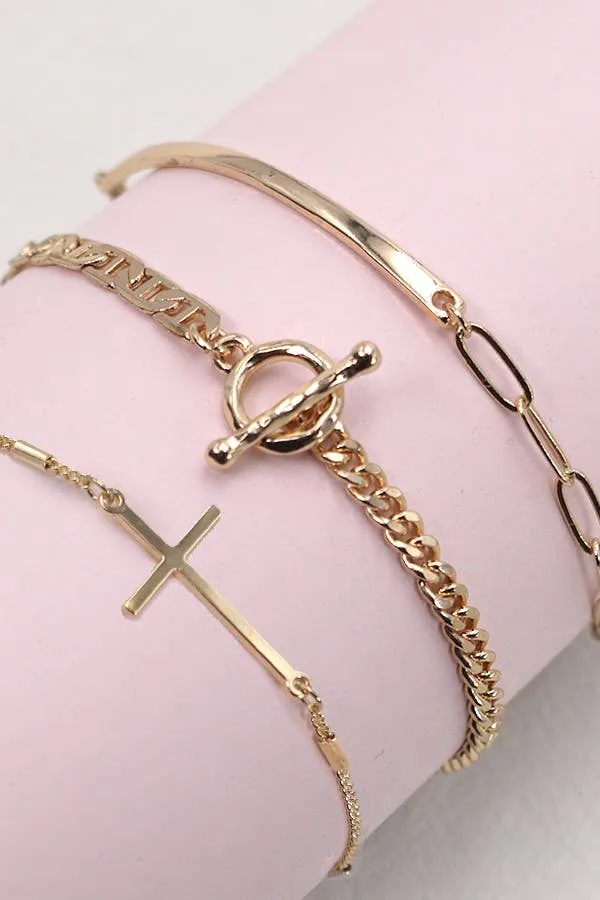 TRIO Bracelet Set - BAR CROSS & ROPE CHAIN