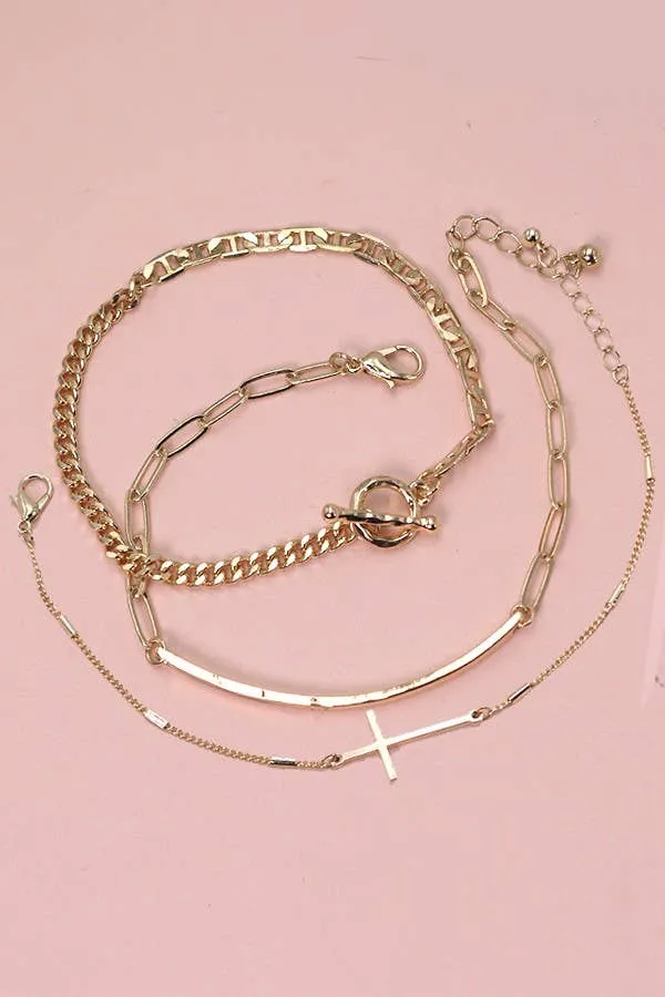 TRIO Bracelet Set - BAR CROSS & ROPE CHAIN