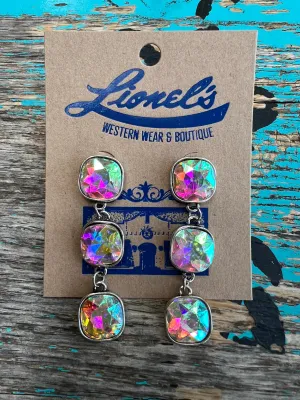 Triple AB Crystal on Silver Dangling Earrings