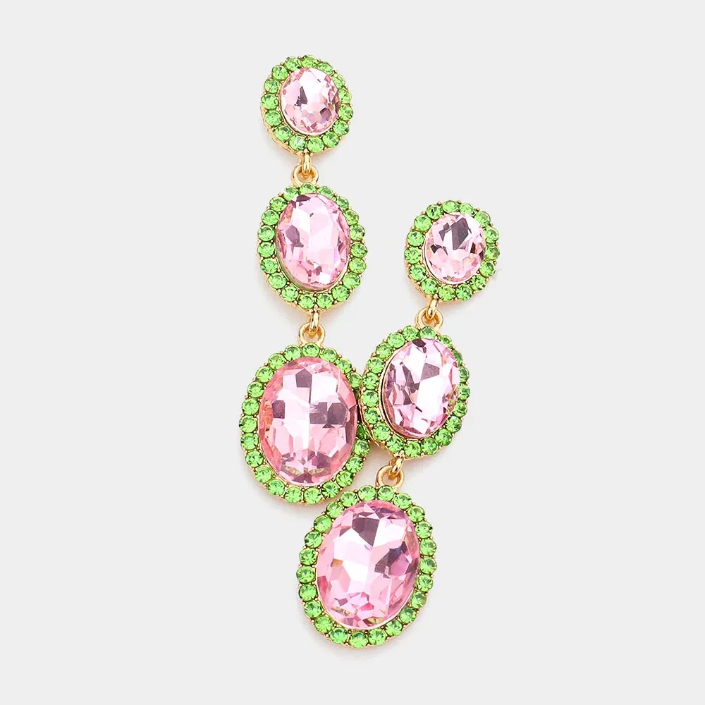 Triple Oval Pink & Green Crystal Drop Pageant Earrings | Dangle Earrings |  564863