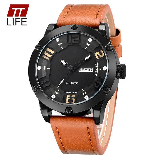 TTLIFE Fashion Sports Men' s Leather Watch Strap Waterproof Quartz Watches Luxury Wrist Watch Men Famous Brand Day Date Display
