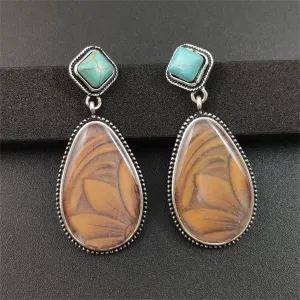 Turquoise & Resin Silver-Plated Floral Teardrop Earrings