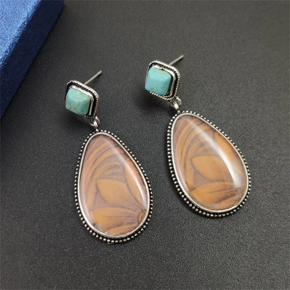 Turquoise & Resin Silver-Plated Floral Teardrop Earrings