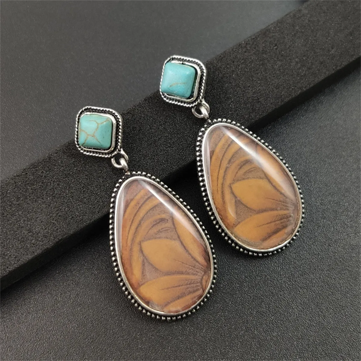 Turquoise & Resin Silver-Plated Floral Teardrop Earrings