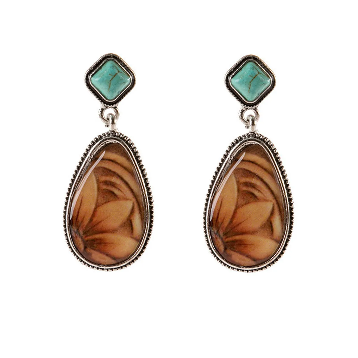 Turquoise & Resin Silver-Plated Floral Teardrop Earrings