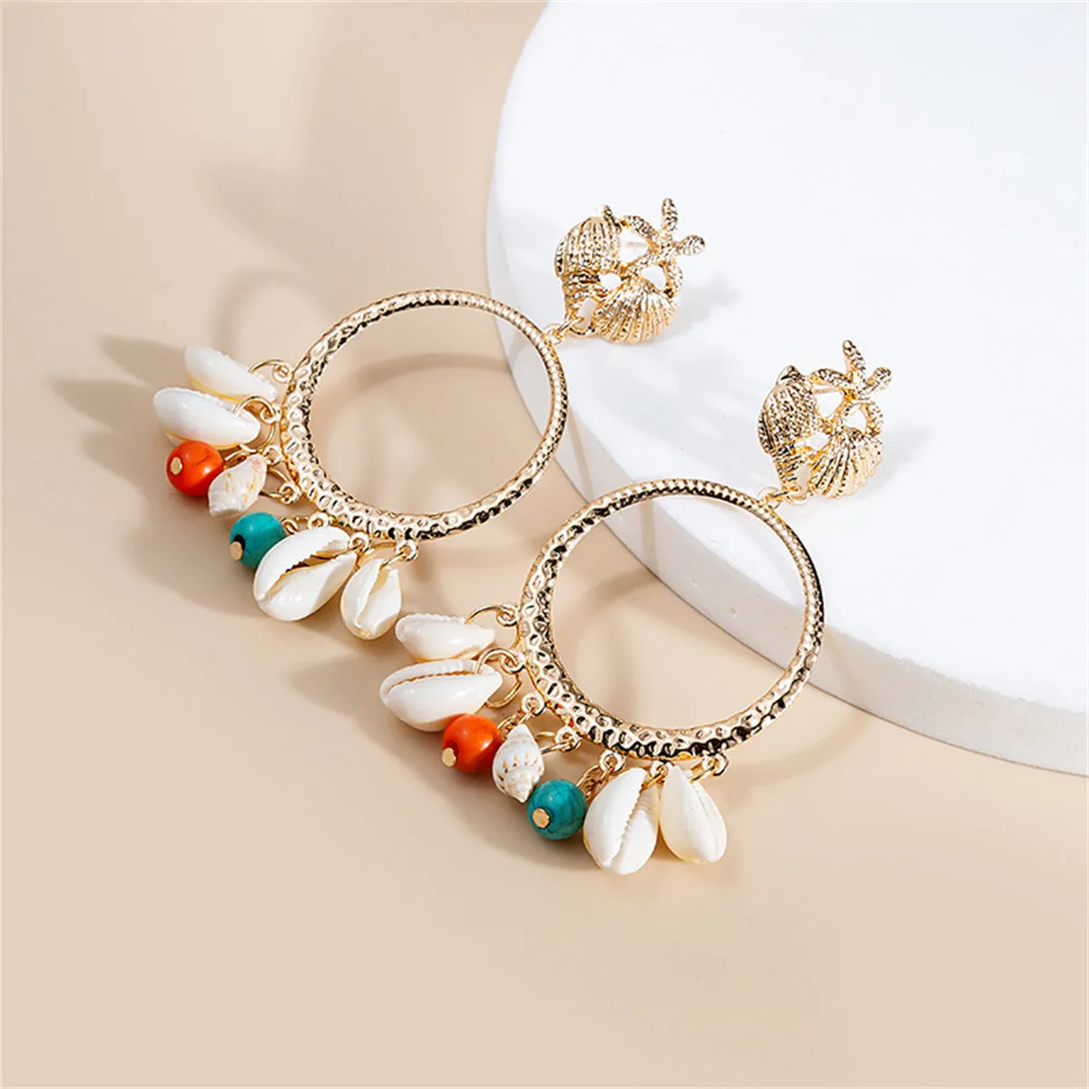 Turquoise & Shell 18K Gold-Plated Circle Conch Drop Earrings