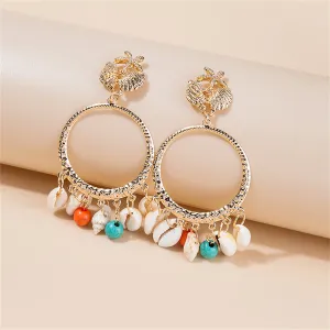 Turquoise & Shell 18K Gold-Plated Circle Conch Drop Earrings