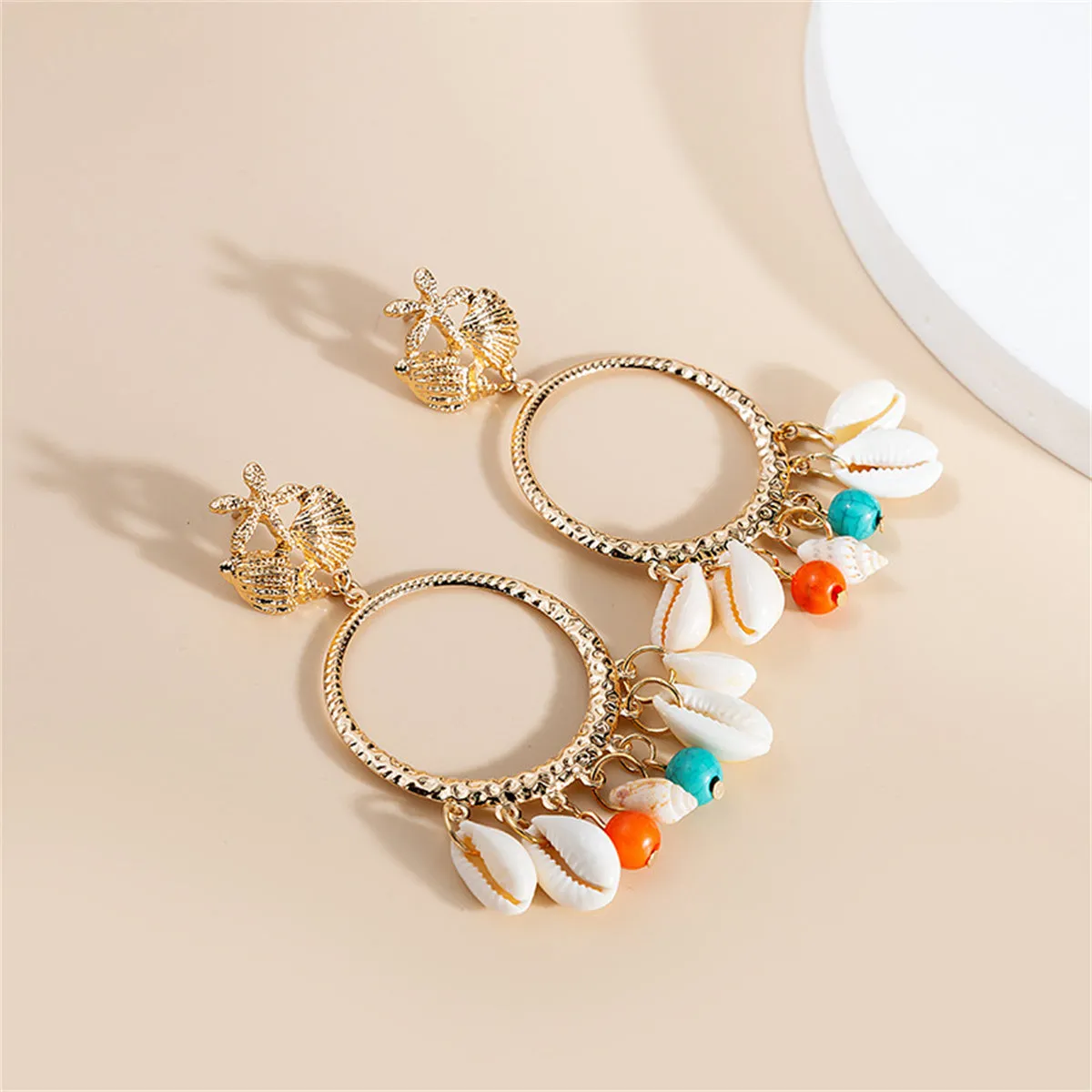 Turquoise & Shell 18K Gold-Plated Circle Conch Drop Earrings