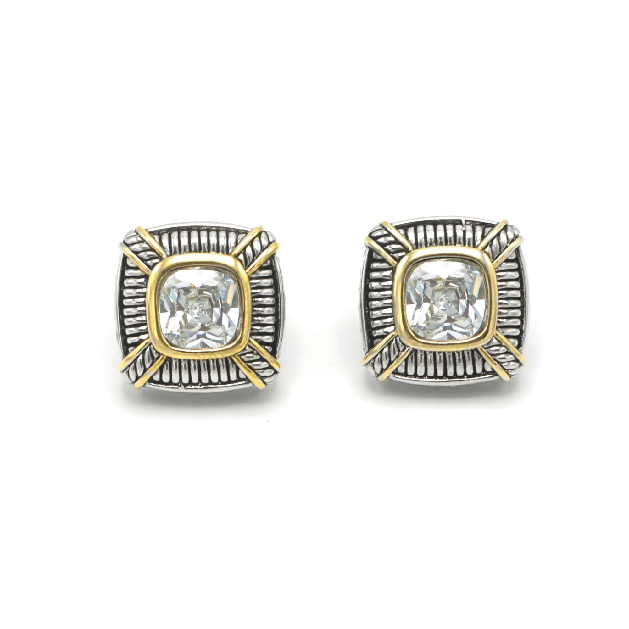 TWO TONE CLEAR CRYSTAL SQUARE EARRINGS SET#93012ER-CLR(FA7)