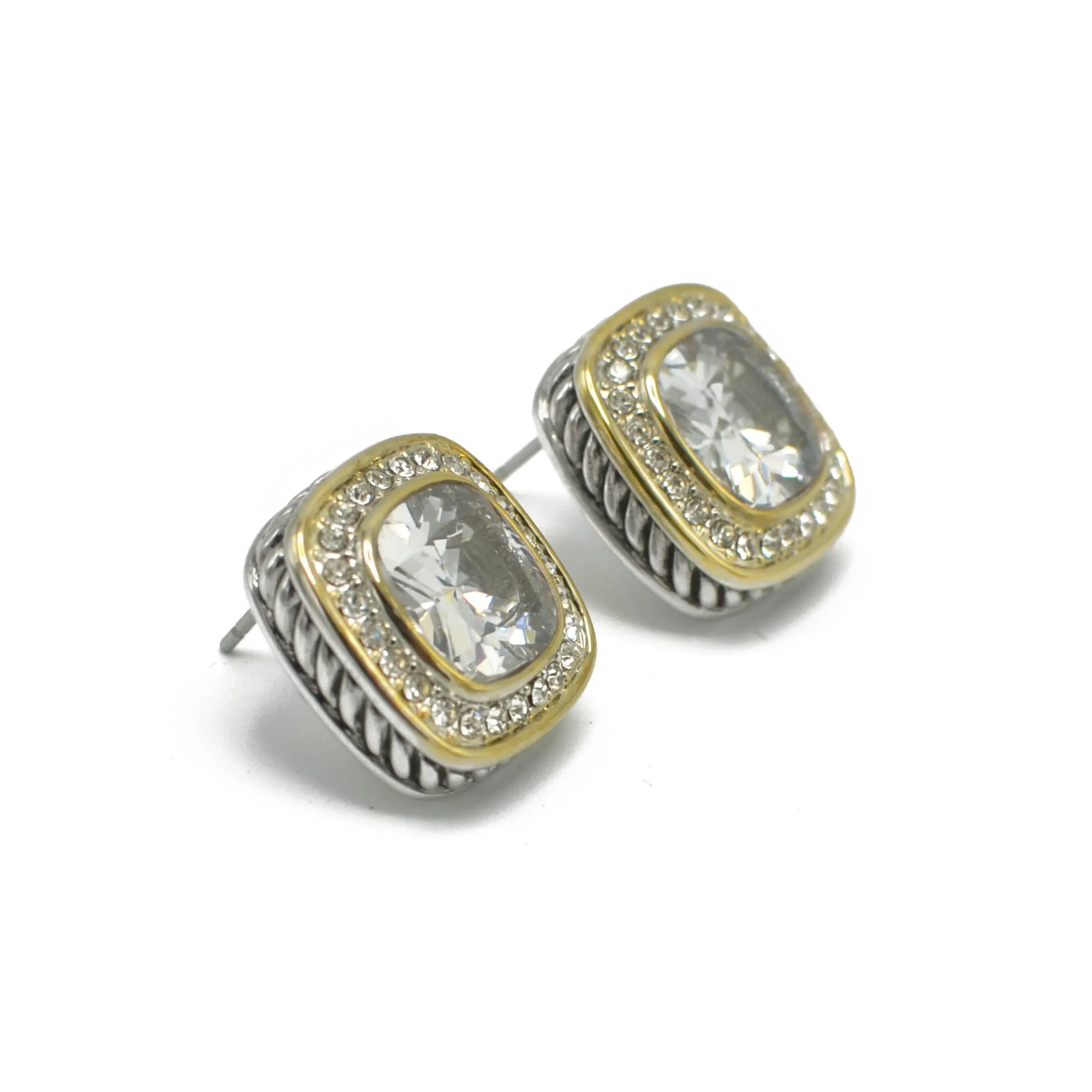 TWO TONE SQUARE CLEAR CRYSTAL AND RHINESTONES ENGRAVED EARRINGS #93099ER-CLEAR (FF12)
