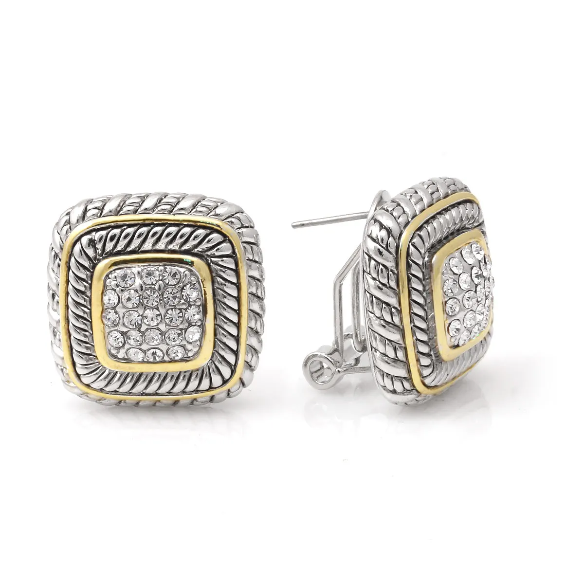TWO TONE SQUARE CRYSTAL PAVE POST EARRINGS #83015ER (FE12
