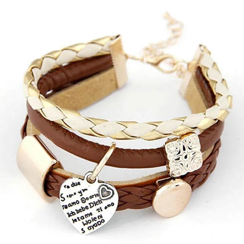 Unique Women's Brown Faux Leather Gold Metal Heart Bracelet Charm Lady Rope Jewelry NW