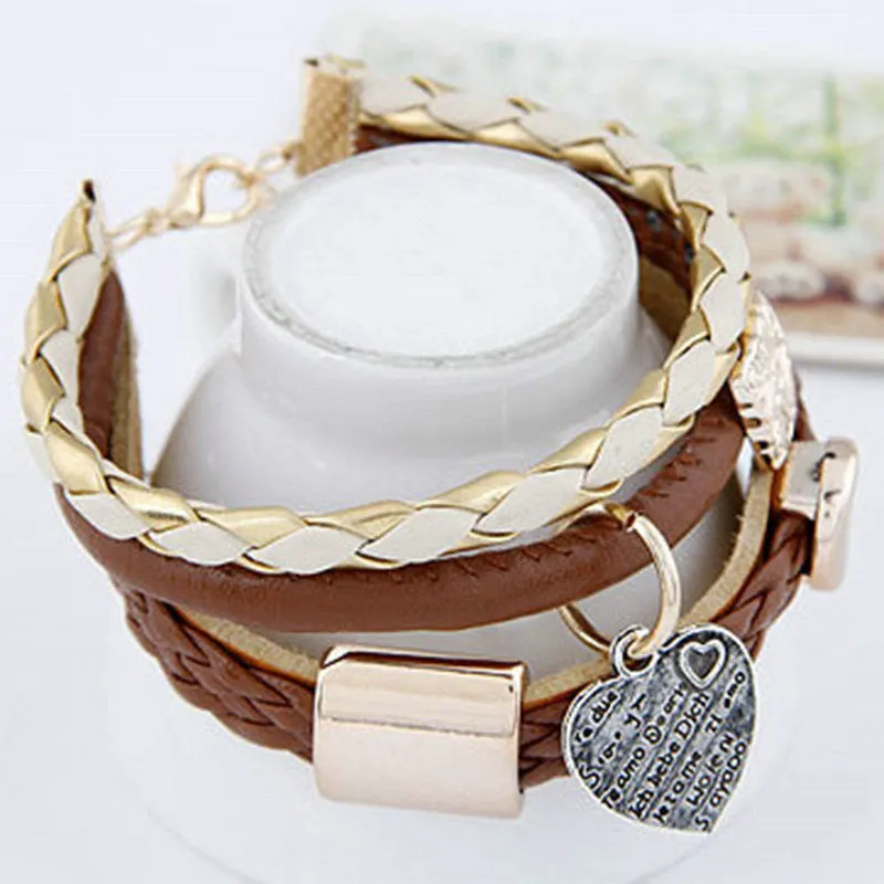 Unique Women's Brown Faux Leather Gold Metal Heart Bracelet Charm Lady Rope Jewelry NW