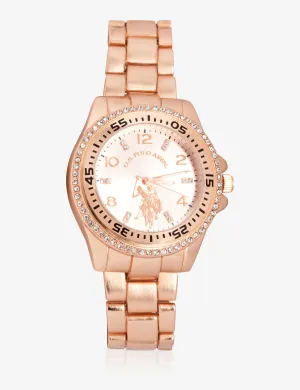 USPA WOMEN'S ROSE GOLD & RHINESTONE STUDDED WATCH