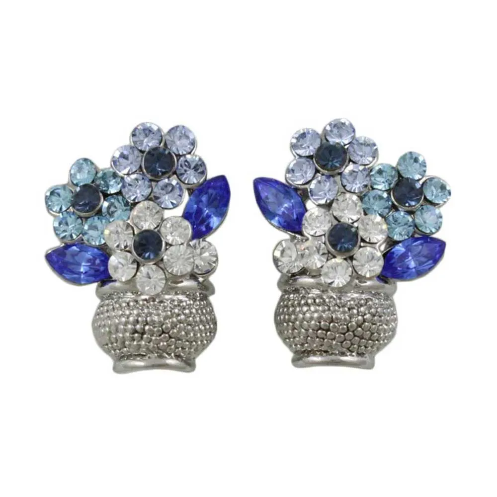 Vase with Blue Crystal Daisies Pierced Earring - REC614A