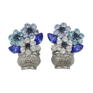 Vase with Blue Crystal Daisies Pierced Earring - REC614A