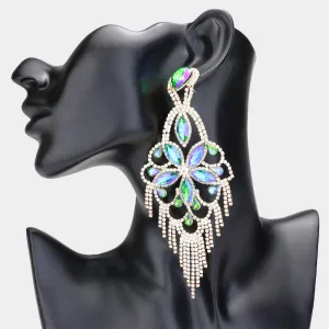 Very Large Light Weight Green AB Crystal Flower Fringe Earrings | 615577
