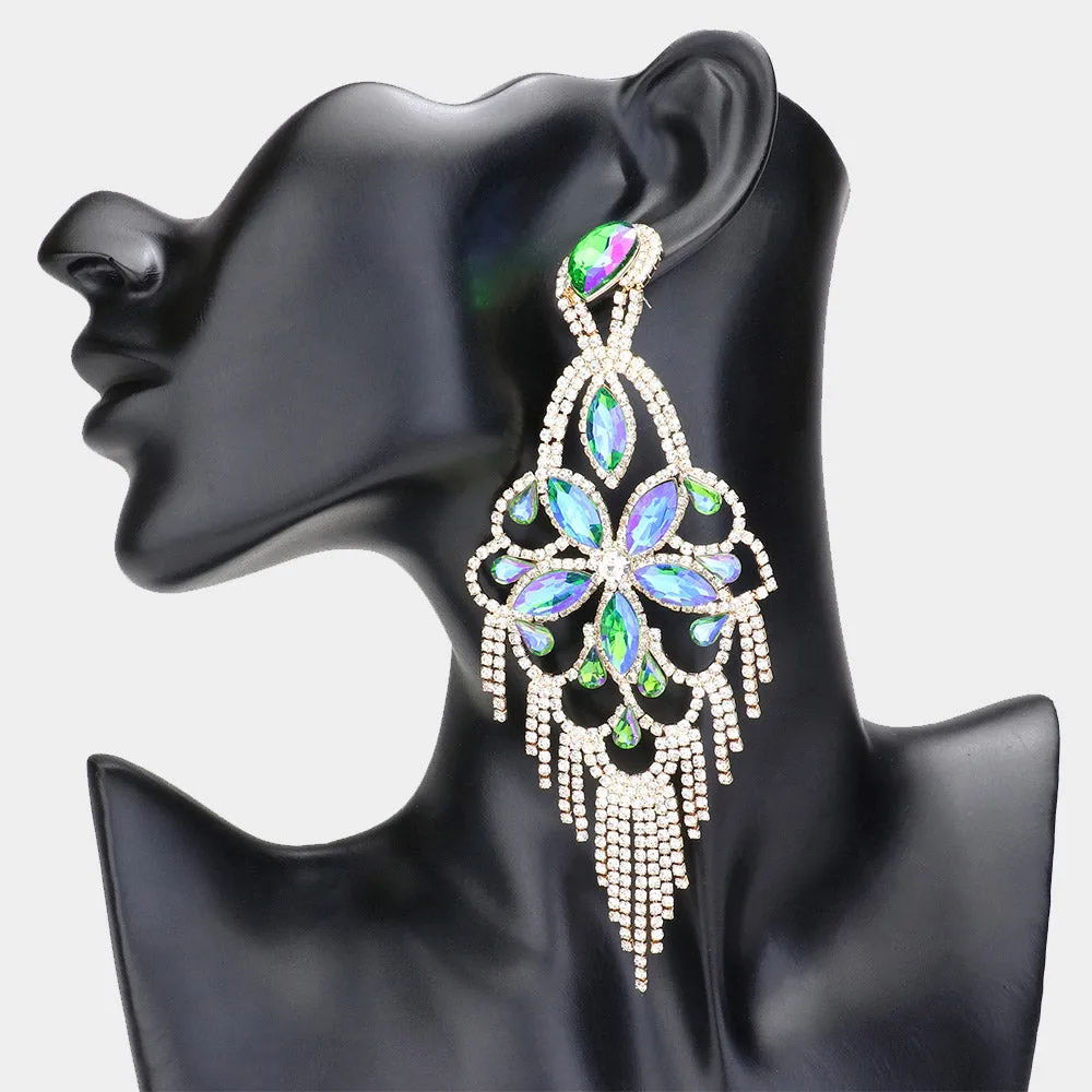 Very Large Light Weight Green AB Crystal Flower Fringe Earrings | 615577