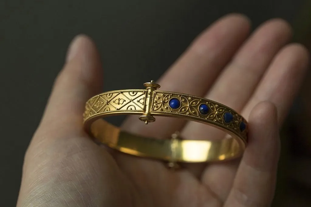 Victorian Etruscan Revival Lapis Cab Bangle