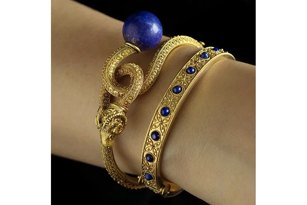 Victorian Etruscan Revival Lapis Cab Bangle