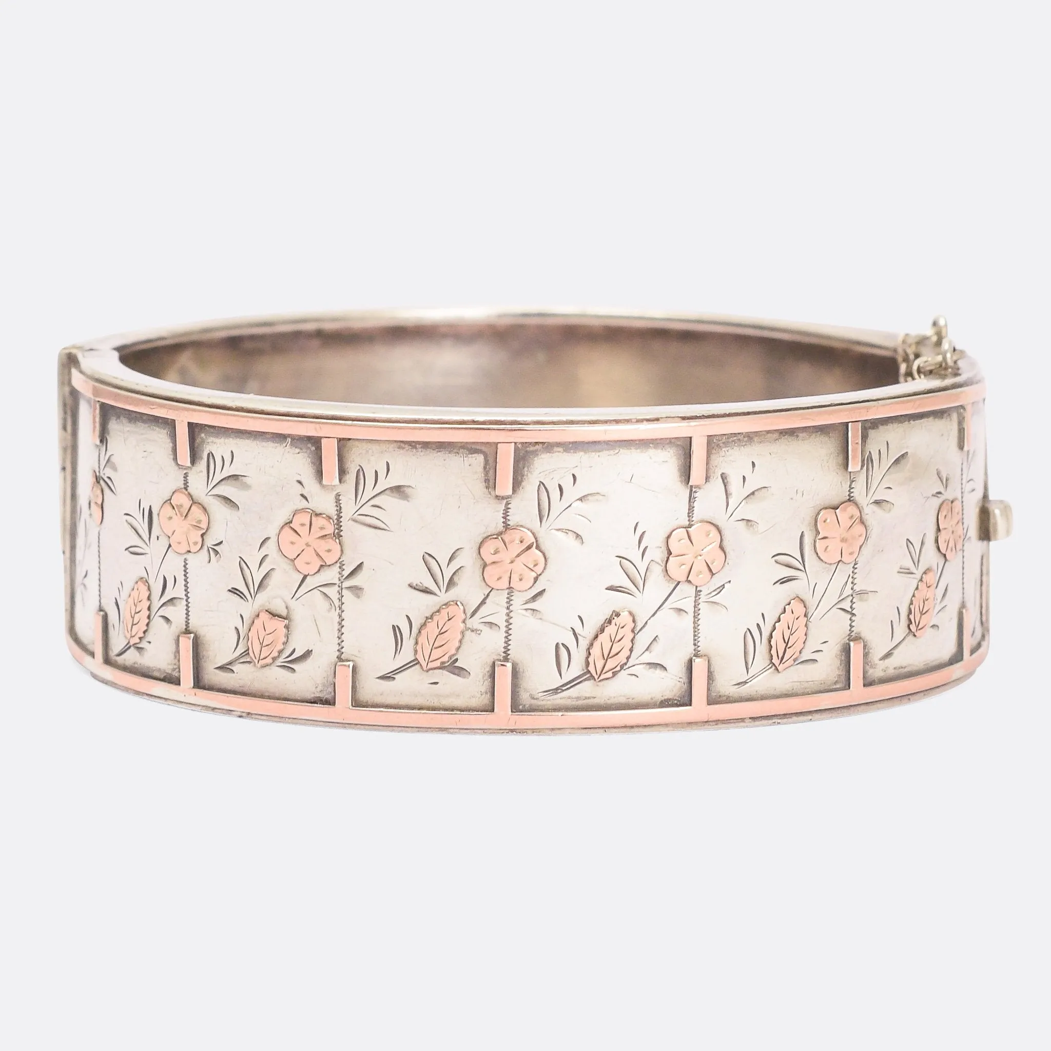 Victorian Silver Cuff Bangle with Rose Gold Inlay