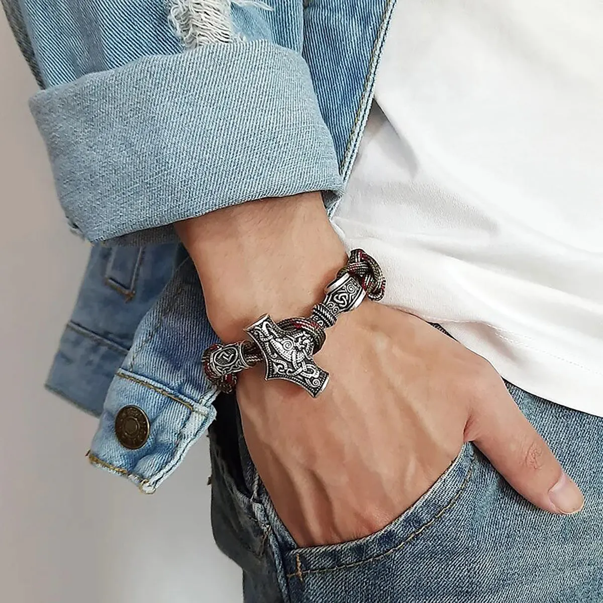 Viking - Men's Vintage Thor Hammer Viking Mjolnir Rope Bracelets, Retro Norse Mythology Runes Amulet Wristband Jewelry