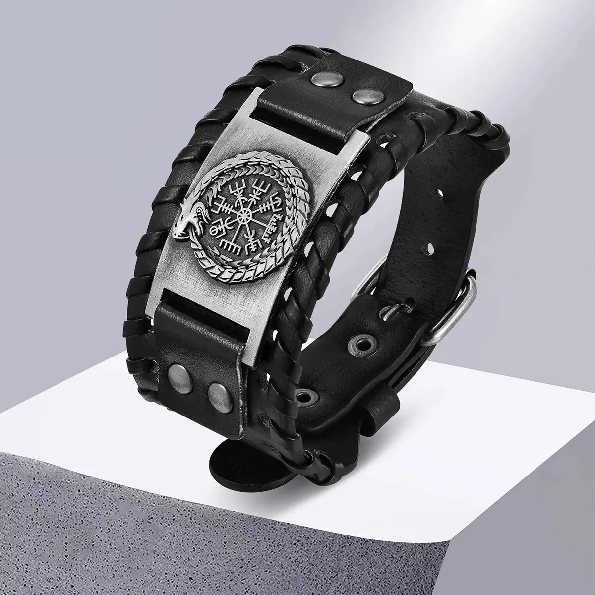 Viking - Rock Norse Viking Bracelets for Men,Thor's Hammer Dragon Compass Charm Leather Rope Wristband