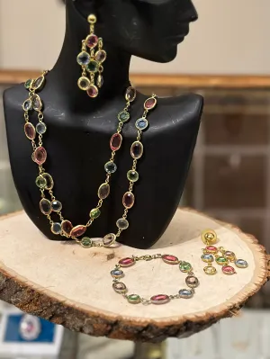 Vintage 3Pc Set Faceted Multicolor Oval and Circle Crystal Bezel Gold Tone Necklace, Bracelet, & Multi-strand Dangle Earrings