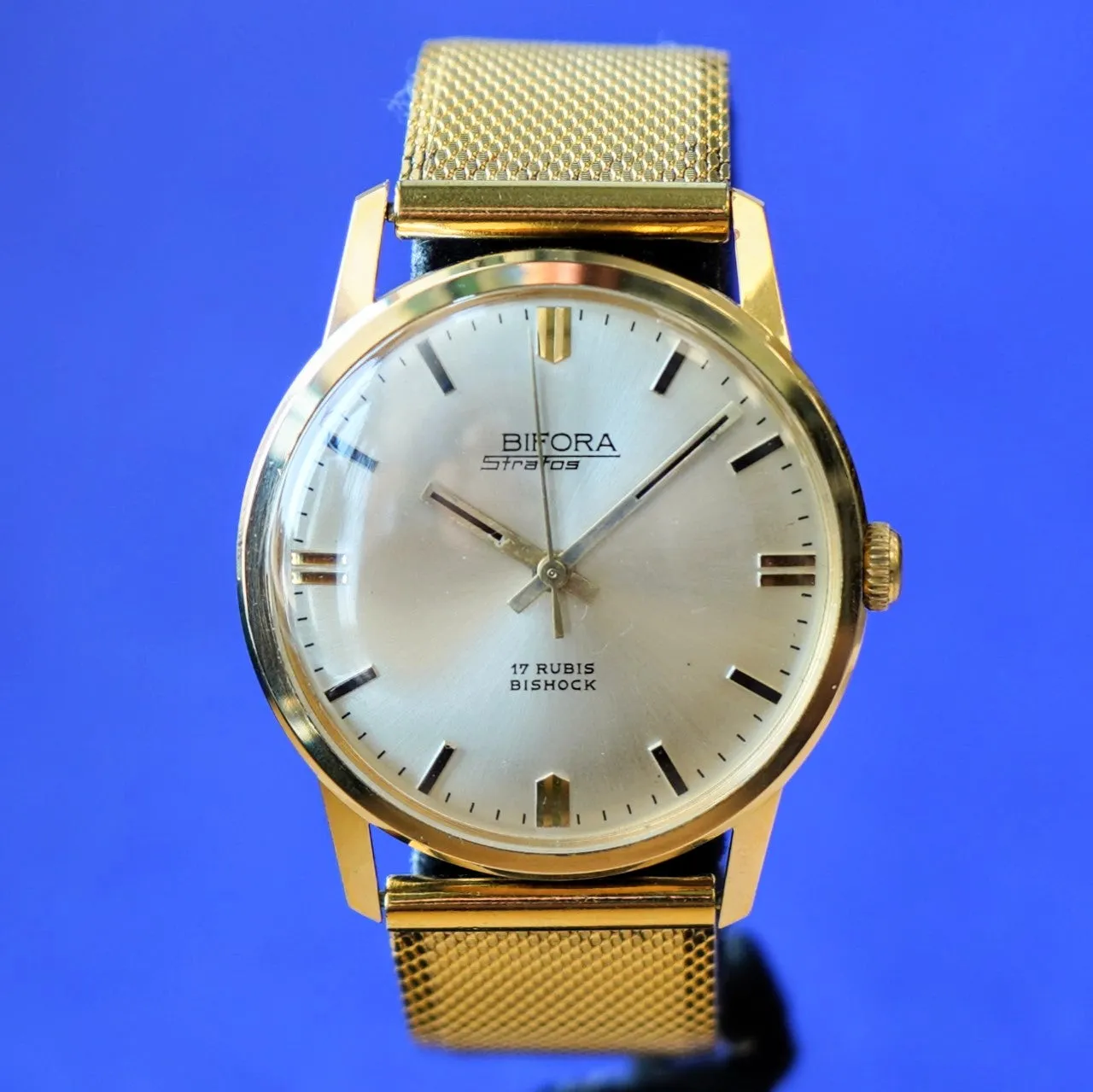 Vintage BIFORA Stratos Watch 17 Rubis Bishock Cal. B 130 Wristwatch 34mm Round Case