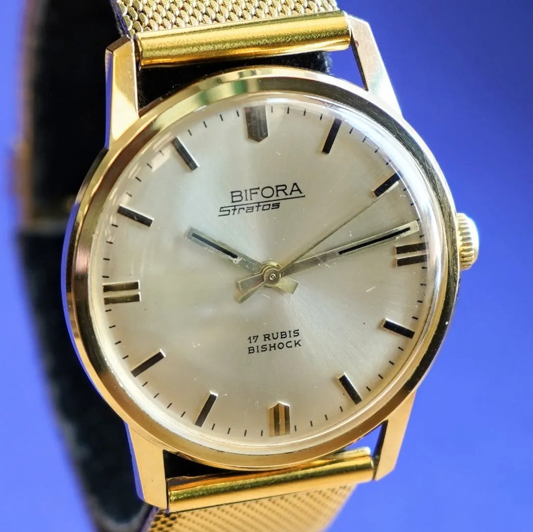 Vintage BIFORA Stratos Watch 17 Rubis Bishock Cal. B 130 Wristwatch 34mm Round Case