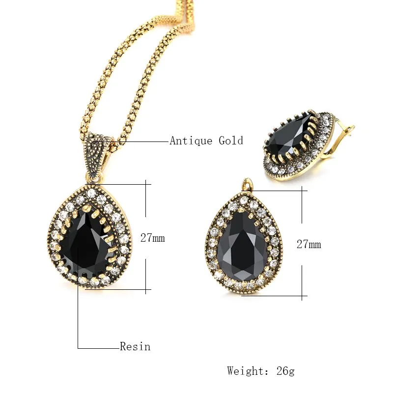 Vintage Black Stone Jewelry Sets Earrings Necklace For Women Jewelry