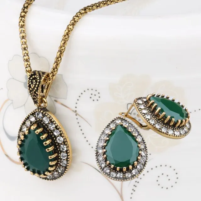 Vintage Black Stone Jewelry Sets Earrings Necklace For Women Jewelry